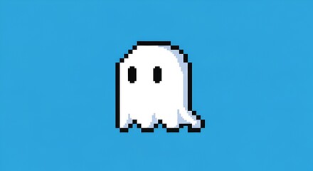 Pixelated white ghost with black outline and eyes on a light blue background illustration art