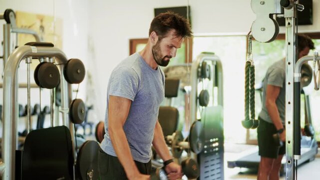 Focused man lifting weights at the gym for strength training	