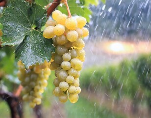 Ripe grapes in vineyard on summer rain. Generated with AI