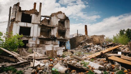 City after an earthquake, damaged houses, piles of garbage; wide-format photo of abandoned ruins. Generated with AI