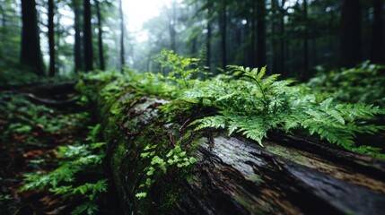Obraz premium A serene forest scene showcasing lush green ferns growing on a moss-covered log amidst tall trees and fog.