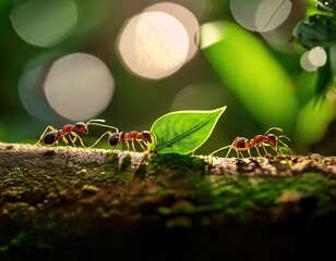 Leaf-carrying ants moving along a forest trail. Generated with AI