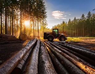Stacked logs in a forest with machinery in the background. Generated with AI