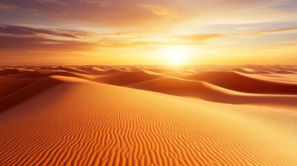 A stunning sunset over golden sand dunes, casting shadows and highlighting the unique textures of the desert landscape.