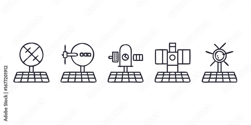 Wall mural Vector art of solar panel array with satellite and other objects