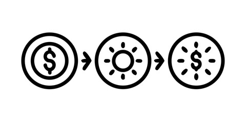Vector art of solar panel investment concept showing coin, sun and dollar