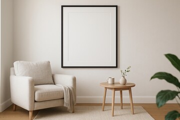 Scandinavian interior Stylish Scandinavian interior Featuring A Blank frame mockup Above A Cozy Chair And Side Table wall art