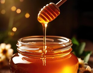 Pouring honey into a jar with a drizzling effect and a glowing texture. Generated with AI