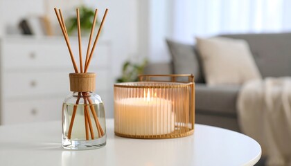 Cozy Home Interior Reed Diffuser  Lit Candle on White Table with Relaxing Atmosphere.