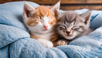 Two kittens are sleeping in bed, hugging each other.Generated with AI