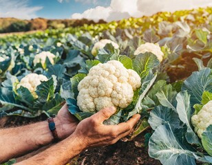 Farmer picks a cauliflower from a garden, organic farm. Generated with AI