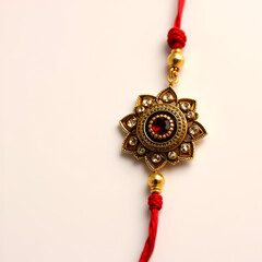 Intricate Rakhi: Capturing the essence of a Rakhi, this close-up shot showcases an ornate, bejeweled Rakhi, a symbol of sibling love and protection, against a clean backdrop.