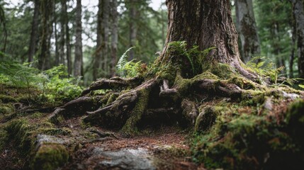 Fototapeta premium A stunning view of a tree with exposed roots in a lush green forest, showcasing nature's intricate beauty.