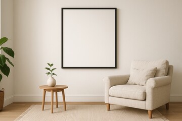 Scandinavian interior Neutral Scandinavian interior Featuring A Blank Poster Frame Above An Armchair Cozy And Modern frame mockup wall art