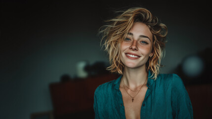 Fototapeta premium Smiling young woman with short tousled blonde hair wearing teal blouse in soft moody indoor lighting, stylish lifestyle portrait with natural expression and cinematic atmosphere