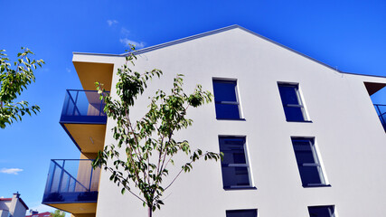 European residential architecture harmonizing with nature. Eco-friendly living in city with greens....
