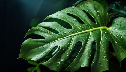 Obraz premium vibrant monstera leaf with water drops on dark background for botanical and wellness design