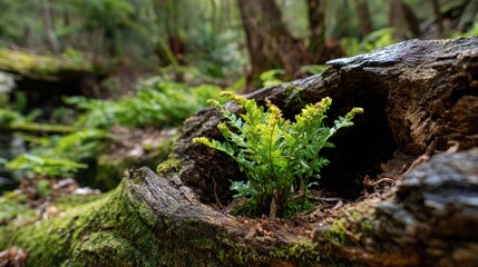 A vibrant fern emerges from a moss-covered log, showcasing nature's resilience in a lush forest setting.