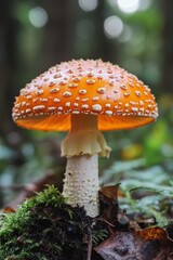 This vibrant orange mushroom covered in dew can be found in a lush forest environment