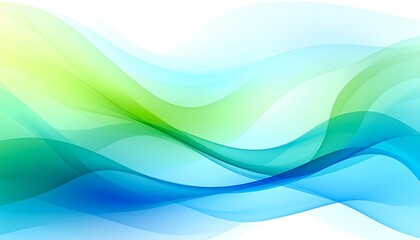 Fototapeta premium A vibrant abstract design features flowing, translucent waves of light teal, light blue, and lime green hues, creating a serene and calming visual effect against a white background.