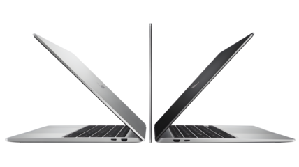 Laptop computer technology device keyboard screen portable electronics silver black macbook pro tech on transparent background