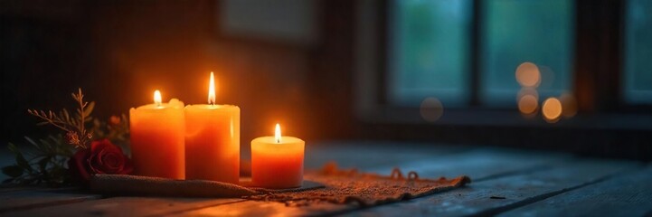 Serene flickering candlelight illuminates a prayer space, creating a peaceful and spiritual atmosphere  Perfect for religious, meditation, or spiritual themes ,  peace,  objects,  serenity