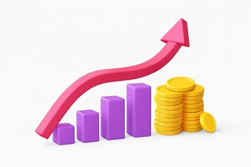 3d rendering of a growing financial chart with purple bars and gold coins