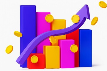 3d bar chart with upward arrow and falling coins representing financial growth