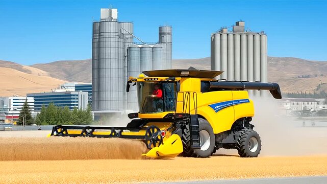 A combine harvests barley in a golden field with chaff flying a dust cloud trailing a farmer monitoring from the cab and a silo looming in the distance shown in a gritty photo