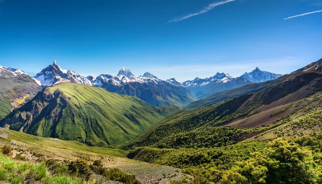 breathtaking summer mountain landscape in chile featuring majestic peaks lush green valleys and clear blue skies - Powered by Adobe