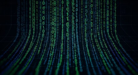 A digital cascade of binary code flowing downwards in shades of green and blue on a dark background