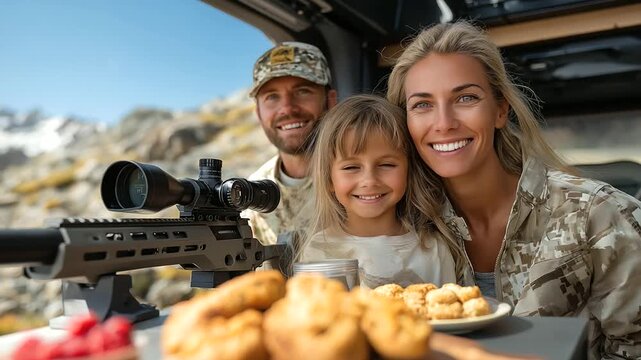A family enjoys a shooting lesson at an outdoor range with rifles aligned targets pinned snacks on a table and a sunny field in the background depicted in a relaxed photo with