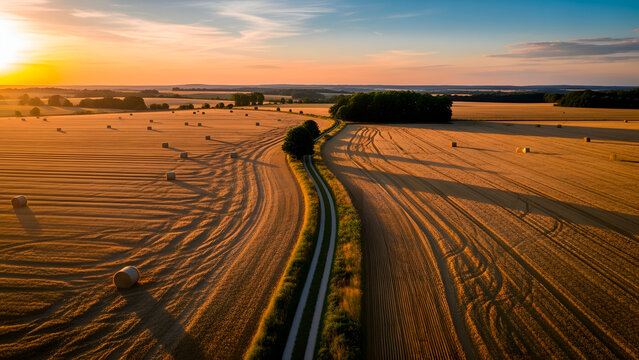 Golden fields stretch beneath a sunset, bisected by a winding path and dotted with hay bales. - Powered by Adobe