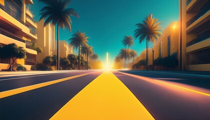 Obraz premium the street is divided by a bright yellow line with palm trees on one side