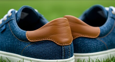 Closeup of Blue Denim Sneakers with Brown Leather Detail on Grass