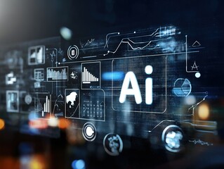 Artificial Intelligence and Business Data Analytics Interface with Financial Charts and AI Hologram  Fintech and Digital Technology Concept