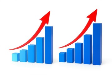 Two blue bar graphs with red arrows showing upward trend and growth