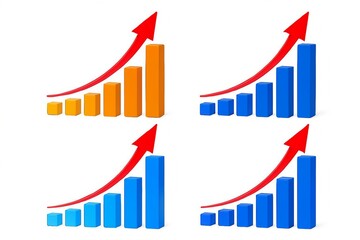 Four growing bar charts with red upward arrows illustrating progress
