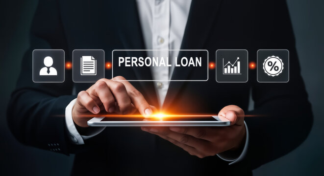 Businessman touching a tablet displaying a personal loan concept with icons representing application, document, growth chart, and percentage