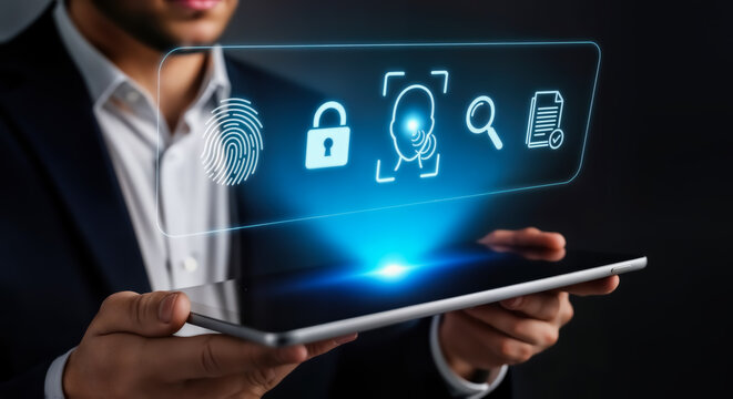 Businessman holding a tablet displaying a holographic interface with security icons like fingerprint, lock, face recognition, search, and document, representing digital security and data protection - Powered by Adobe