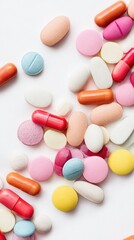 Colorful pills and medical symbolic background, top view on white paper with copy space for healthcare poster, pharmaceutical ad design, high-resolution image