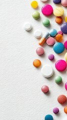 Colorful pills and medical symbolic background, top view on white paper with copy space for healthcare poster, pharmaceutical ad design, high-resolution image