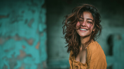 Smiling young woman with messy hair wearing mustard yellow outfit laughing outdoors against textured turquoise wall, joyful candid portrait capturing carefree natural beauty and emotion