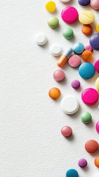 Colorful pills and medical symbolic background, top view on white paper with copy space for healthcare poster, pharmaceutical ad design, high-resolution image