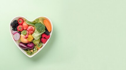 Fruits and vegetables in heart-shaped bowl on pastel green background, healthy eating concept with copy space for text, minimalist style