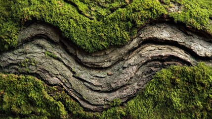 Close-up view of textured tree bark covered with vibrant green moss, showcasing nature's intricate details.