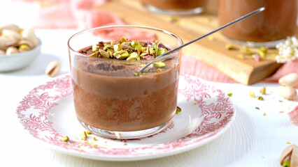 Delicious chocolate mousse with pistachios and a spoon