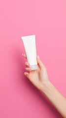 Hand holding white skincare cream tube on pink background, beauty and skin care concept for product advertisement, cosmetic packaging design