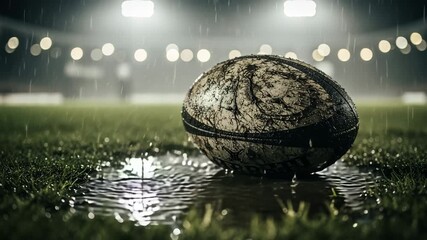 Close up of a muddy rugby ball resting in a puddle on a wet grassy field under falling rain with dramatic stadium lights glowing in the background creating a gritty and emotional sports atmosphere - Powered by Adobe