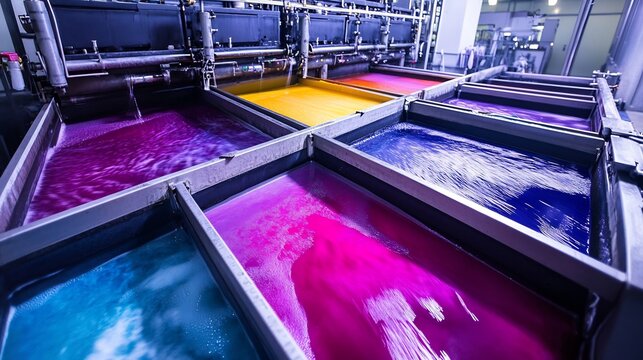 Modern dyeing machine in an eco friendly textile factory using water saving technology while vibrant fabrics swirl in large dye vats with minimal water wastage and energy efficient systems visible